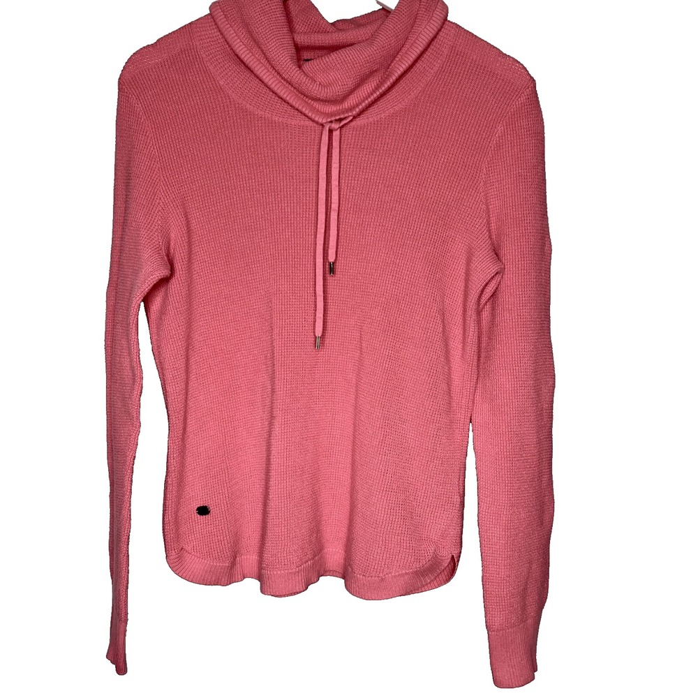 Lauren Ralph Women's Sweater‎ L Cotton Waffle Knit Pink Pullover Cowl Drawstring